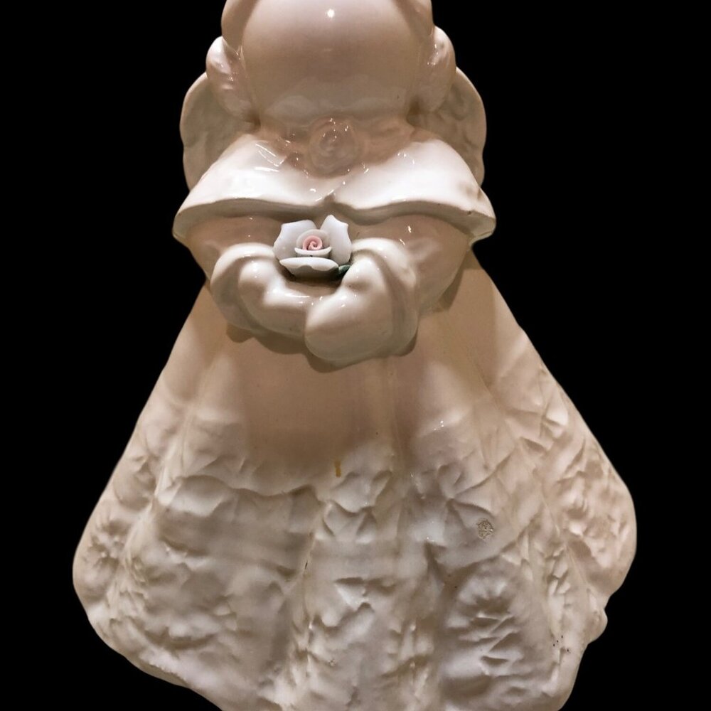 Ceramic Faceless Angel Figurine with Rose in Hands 10"